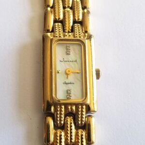 Jeanneret Sapphire ladies wristwatch dress watch gold tone quartz mother of pear